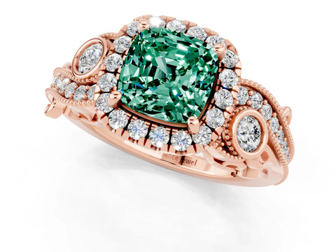 Rose gold Cushion Cut Green Sapphire Halo Ring with Milgrain Pavé Band and Four-Prong Setting_13