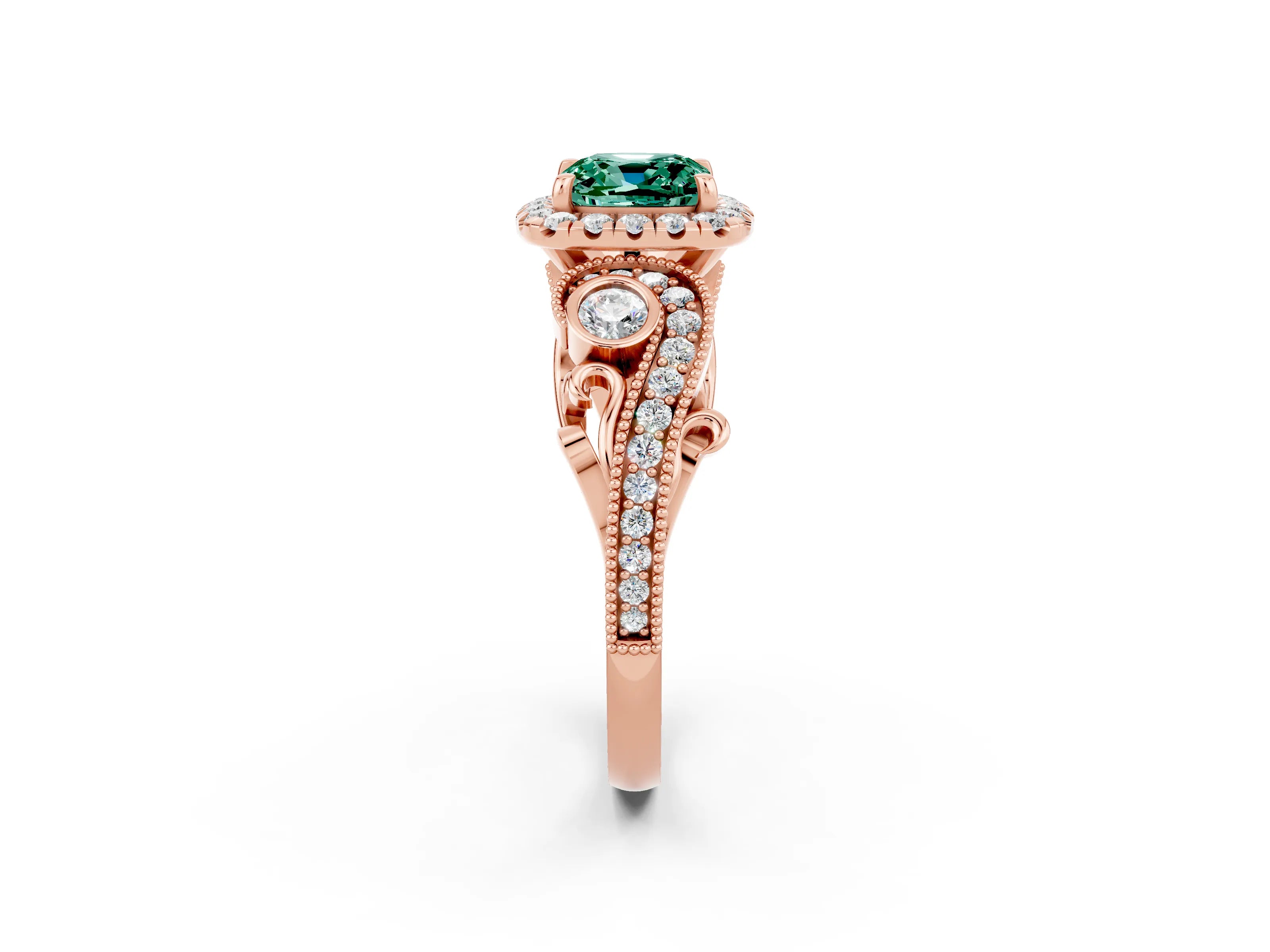 Rose gold Cushion Cut Green Sapphire Halo Ring with Milgrain Pavé Band and Four-Prong Setting_14