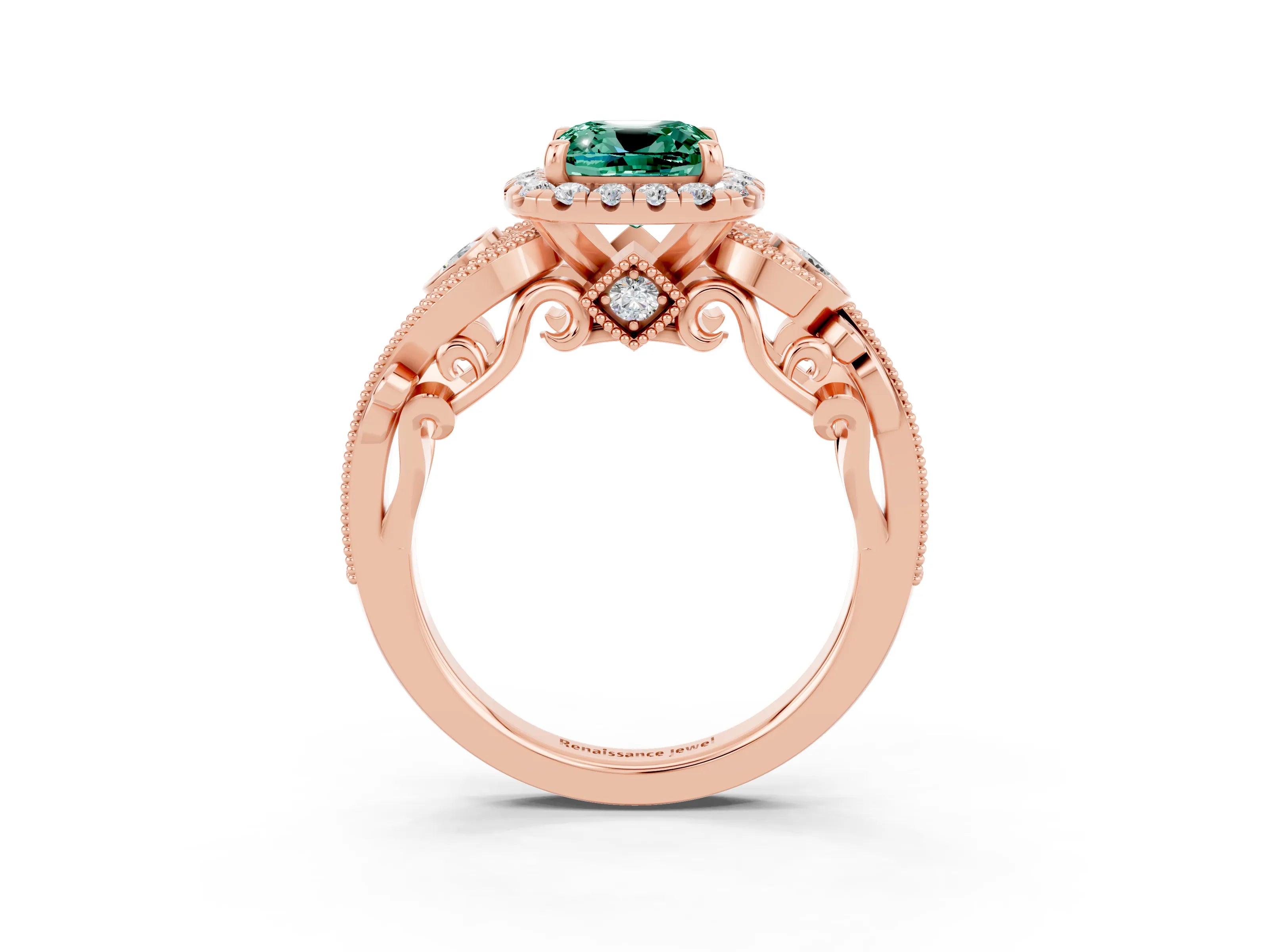 Rose gold Cushion Cut Green Sapphire Halo Ring with Milgrain Pavé Band and Four-Prong Setting_15