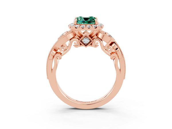 Rose gold Cushion Cut Green Sapphire Halo Ring with Milgrain Pavé Band and Four-Prong Setting