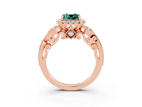 Rose gold Cushion Cut Green Sapphire Halo Ring with Milgrain Pavé Band and Four-Prong Setting_15