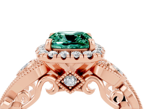 Rose gold Cushion Cut Green Sapphire Halo Ring with Milgrain Pavé Band and Four-Prong Setting_16