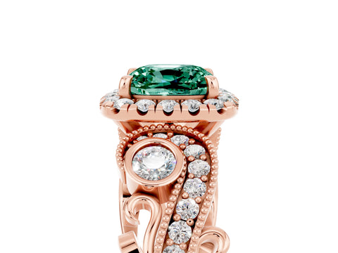 Rose gold Cushion Cut Green Sapphire Halo Ring with Milgrain Pavé Band and Four-Prong Setting_17