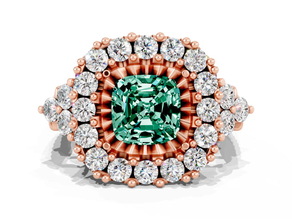 Rose gold Cushion Cut Green Sapphire Halo Ring with Pavé Band and Four-Prong Setting