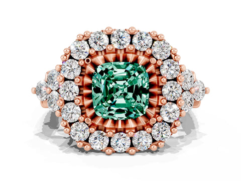 Rose gold Cushion Cut Green Sapphire Halo Ring with Pavé Band and Four-Prong Setting_12