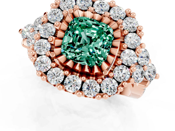 Rose gold Cushion Cut Green Sapphire Halo Ring with Pavé Band and Four-Prong Setting