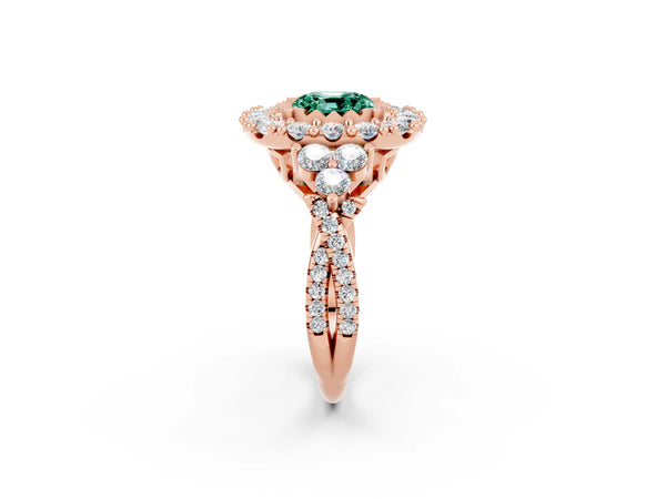 Rose gold Cushion Cut Green Sapphire Halo Ring with Pavé Band and Four-Prong Setting