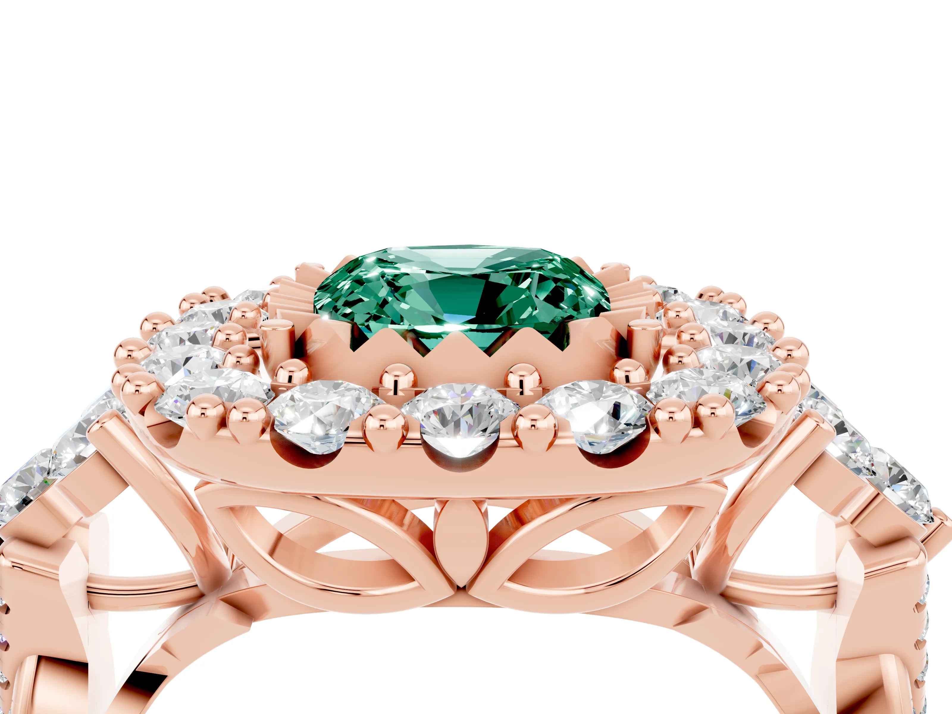Rose gold Cushion Cut Green Sapphire Halo Ring with Pavé Band and Four-Prong Setting_16