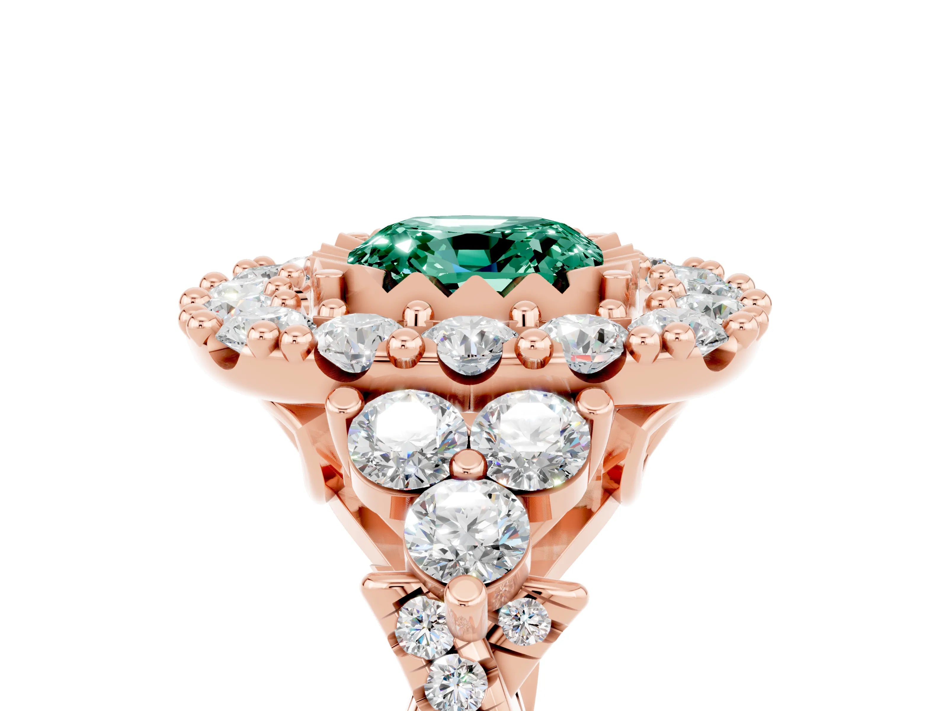 Rose gold Cushion Cut Green Sapphire Halo Ring with Pavé Band and Four-Prong Setting_17