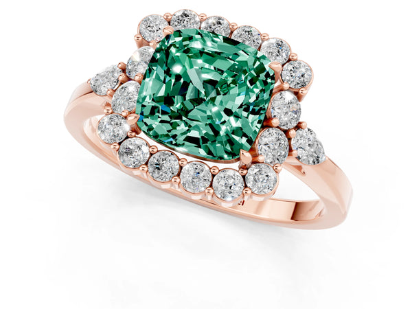 Rose gold Cushion Cut Green Sapphire Halo Ring with Pear Side Stones and Prong Setting