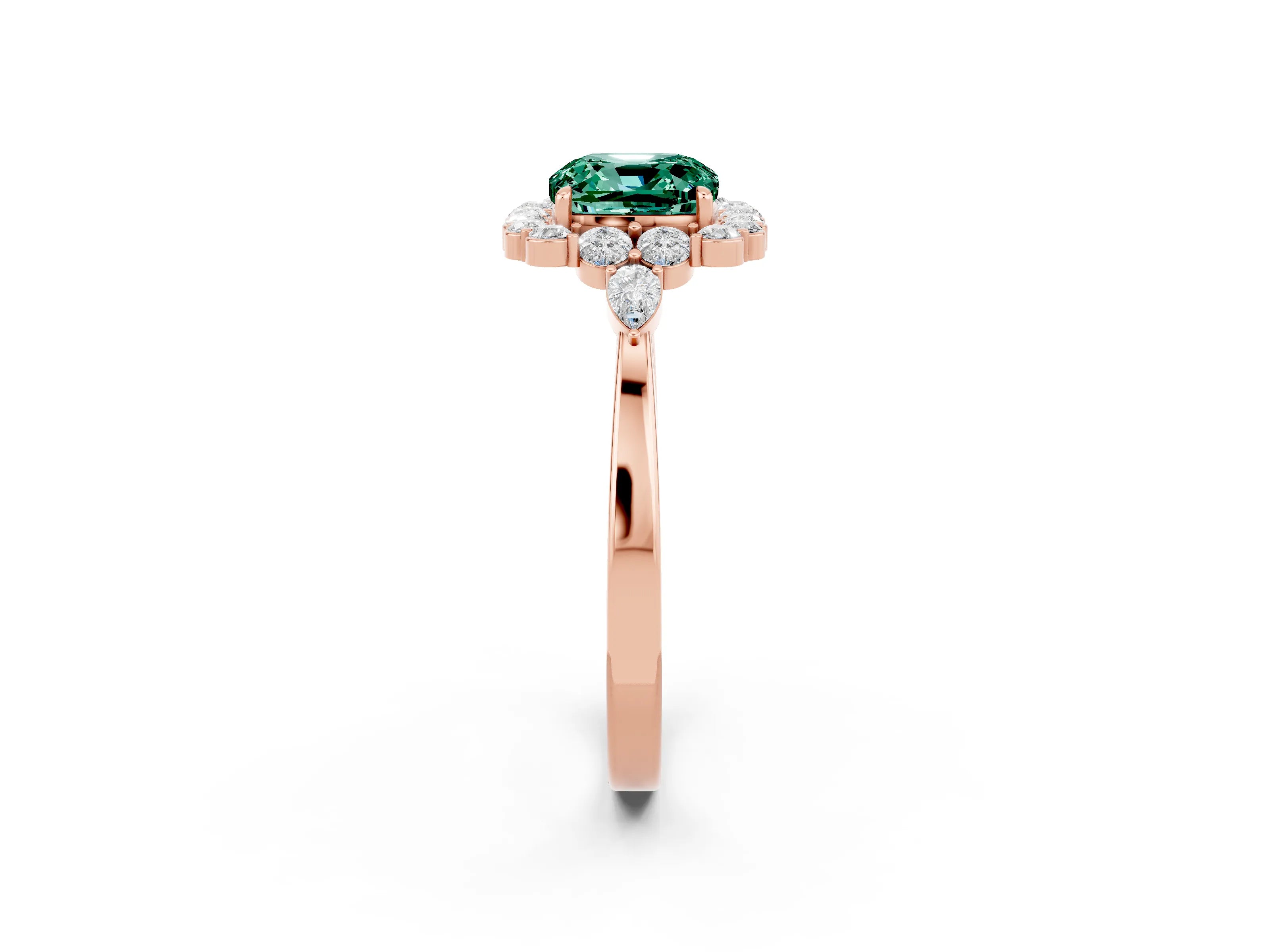 Rose gold Cushion Cut Green Sapphire Halo Ring with Pear Side Stones and Prong Setting_14