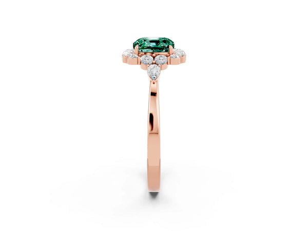 Rose gold Cushion Cut Green Sapphire Halo Ring with Pear Side Stones and Prong Setting