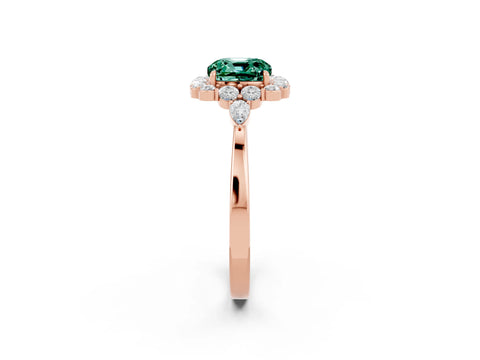 Rose gold Cushion Cut Green Sapphire Halo Ring with Pear Side Stones and Prong Setting_14