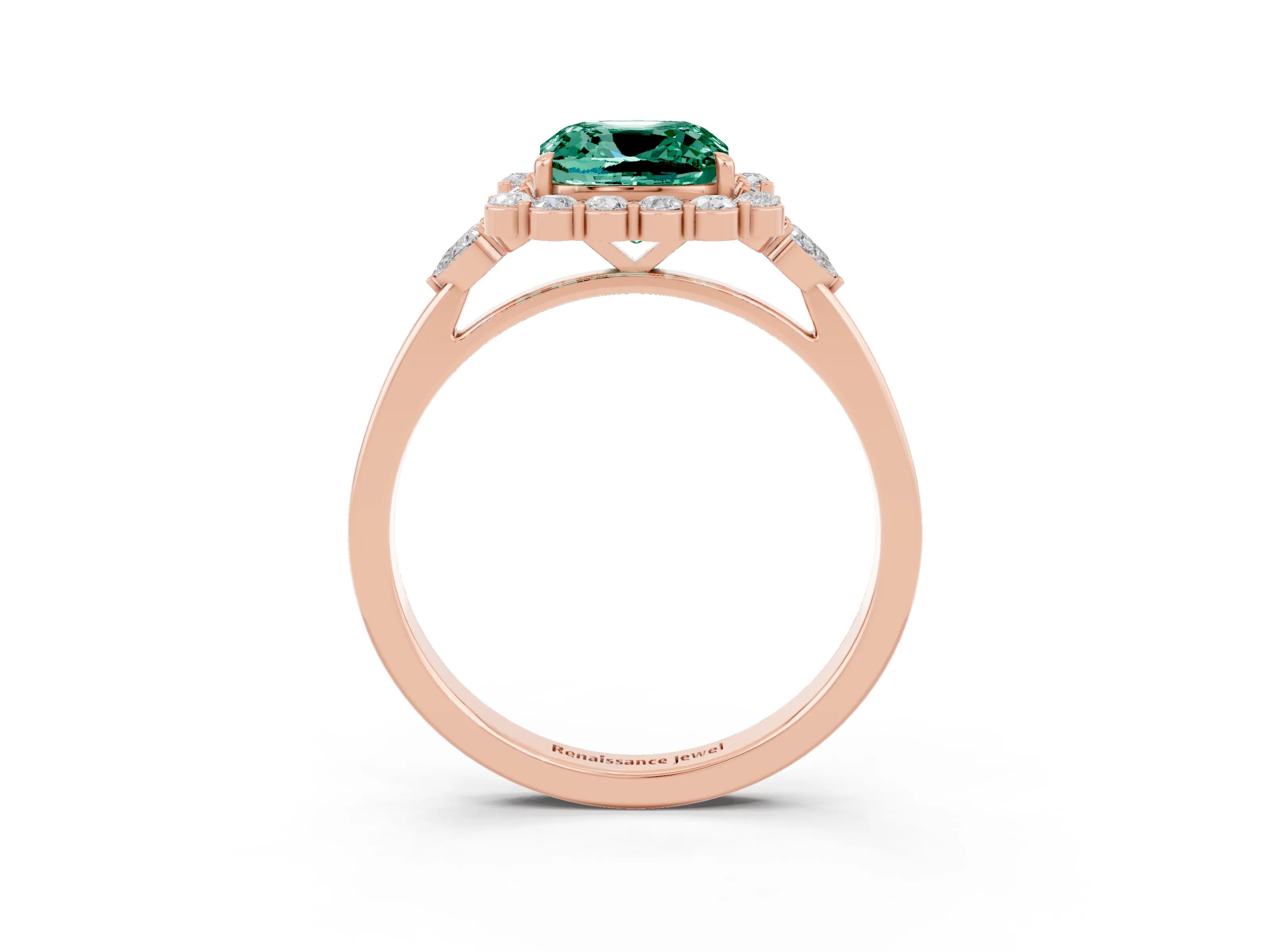Rose gold Cushion Cut Green Sapphire Halo Ring with Pear Side Stones and Prong Setting_15