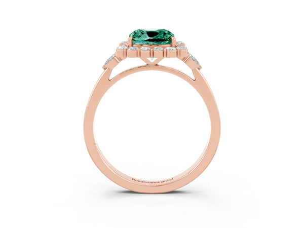 Rose gold Cushion Cut Green Sapphire Halo Ring with Pear Side Stones and Prong Setting