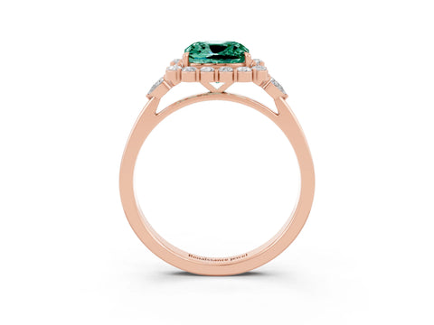 Rose gold Cushion Cut Green Sapphire Halo Ring with Pear Side Stones and Prong Setting_15