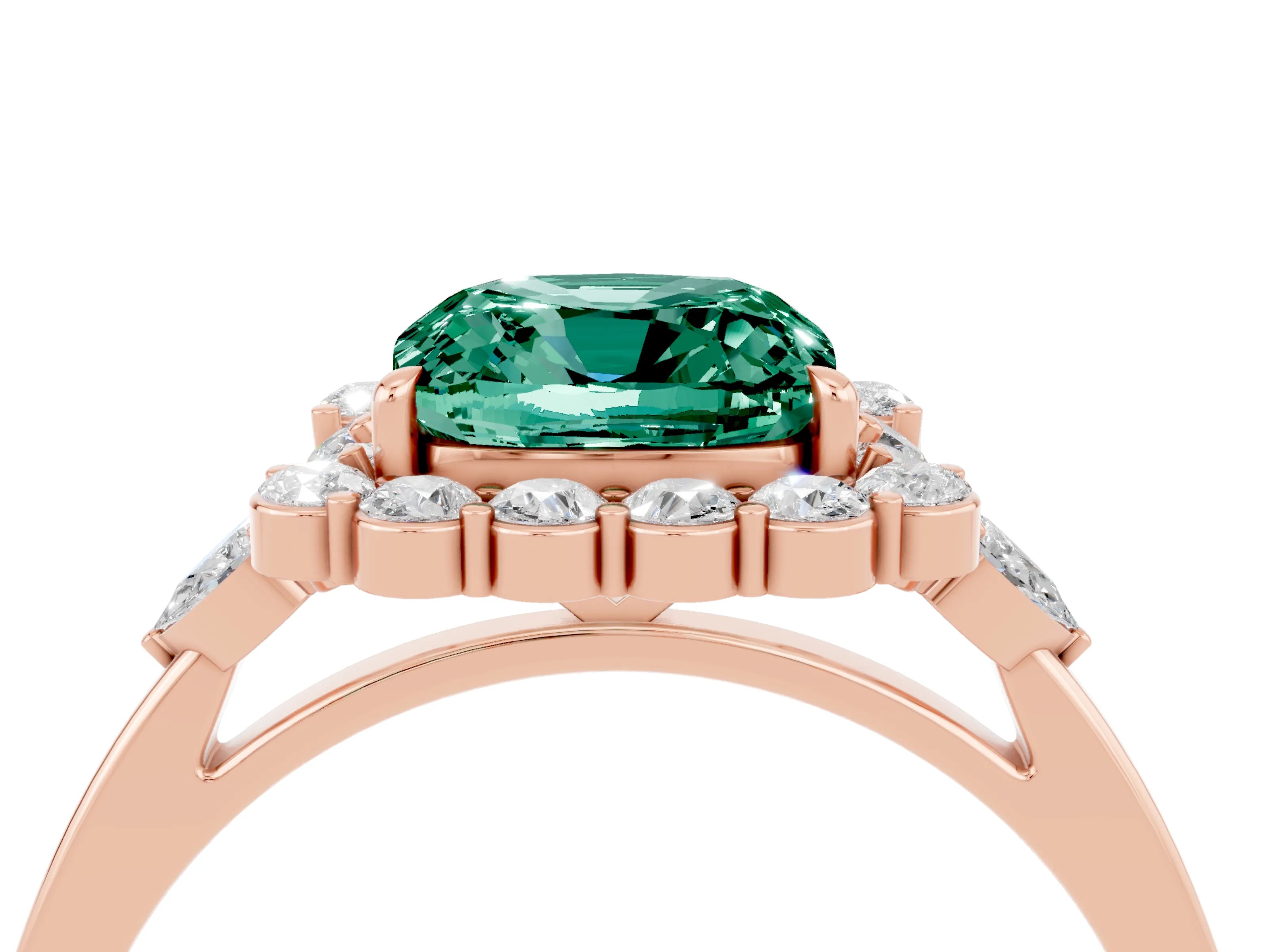 Rose gold Cushion Cut Green Sapphire Halo Ring with Pear Side Stones and Prong Setting_16