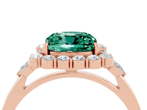Rose gold Cushion Cut Green Sapphire Halo Ring with Pear Side Stones and Prong Setting_16