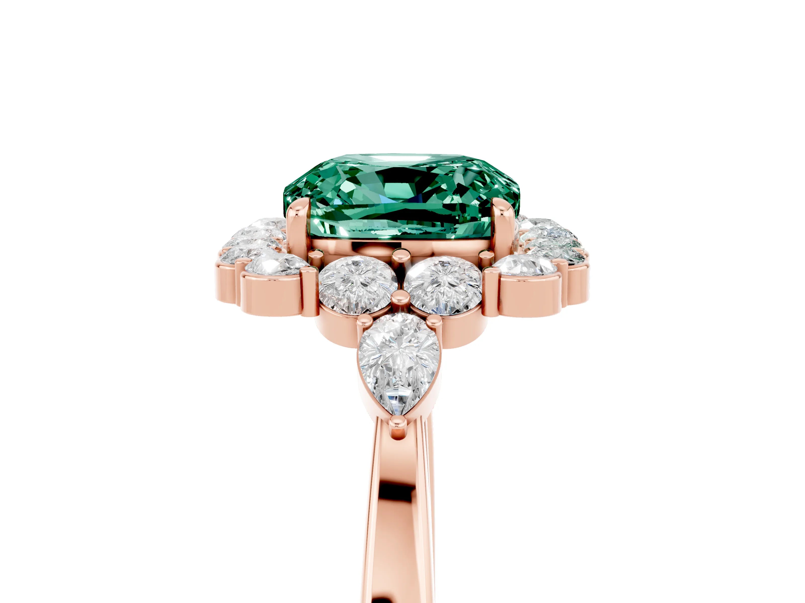 Rose gold Cushion Cut Green Sapphire Halo Ring with Pear Side Stones and Prong Setting_17
