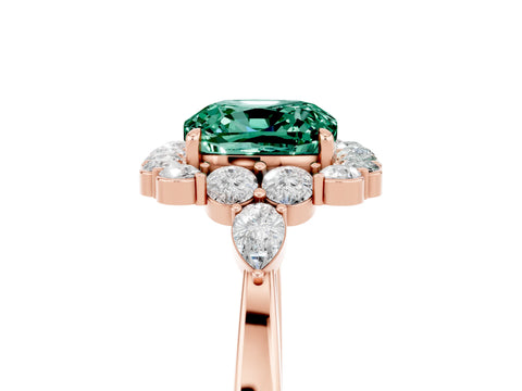 Rose gold Cushion Cut Green Sapphire Halo Ring with Pear Side Stones and Prong Setting_17