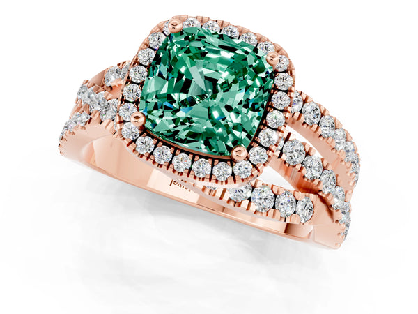 Rose gold Cushion Cut Green Sapphire Halo Ring with Round Split Shank and Prong Setting