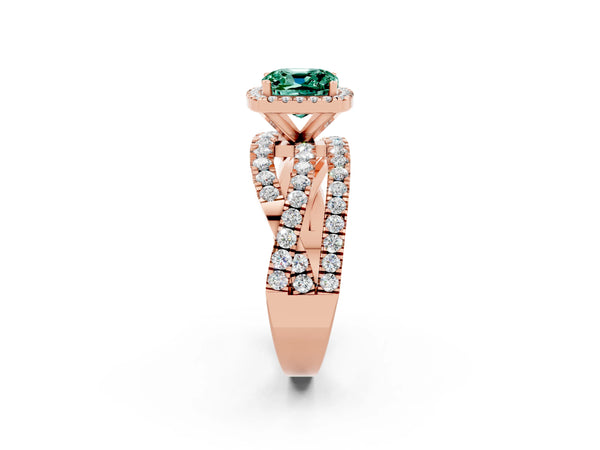Rose gold Cushion Cut Green Sapphire Halo Ring with Round Split Shank and Prong Setting
