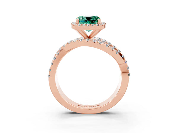 Rose gold Cushion Cut Green Sapphire Halo Ring with Round Split Shank and Prong Setting