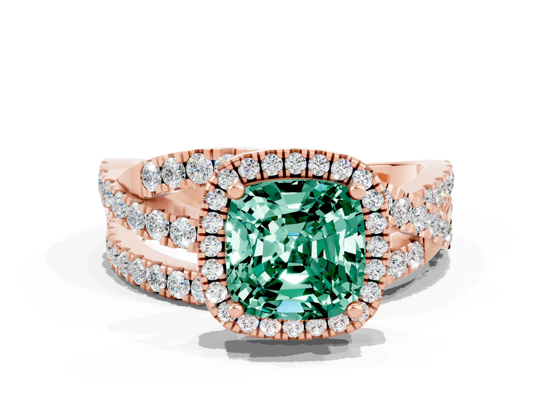 Rose gold Cushion Cut Green Sapphire Halo Ring with Round Split Shank and Prong Setting_48