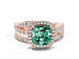 Rose gold Cushion Cut Green Sapphire Halo Ring with Round Split Shank and Prong Setting_48