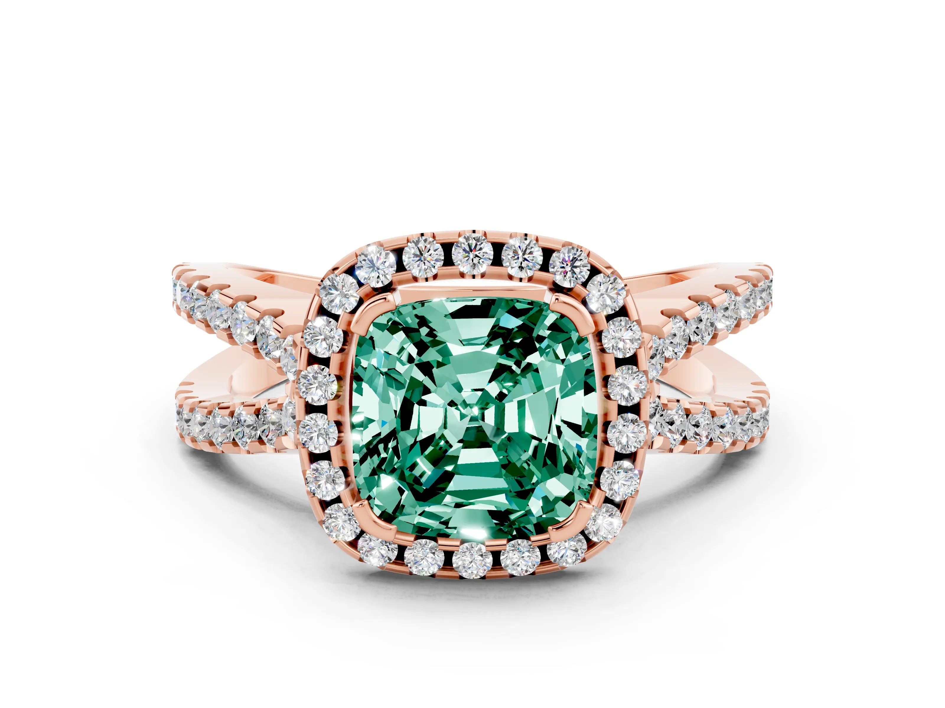 Rose gold Cushion Cut Green Sapphire Halo Ring with Split Shank Pavé Band and Prong Setting
