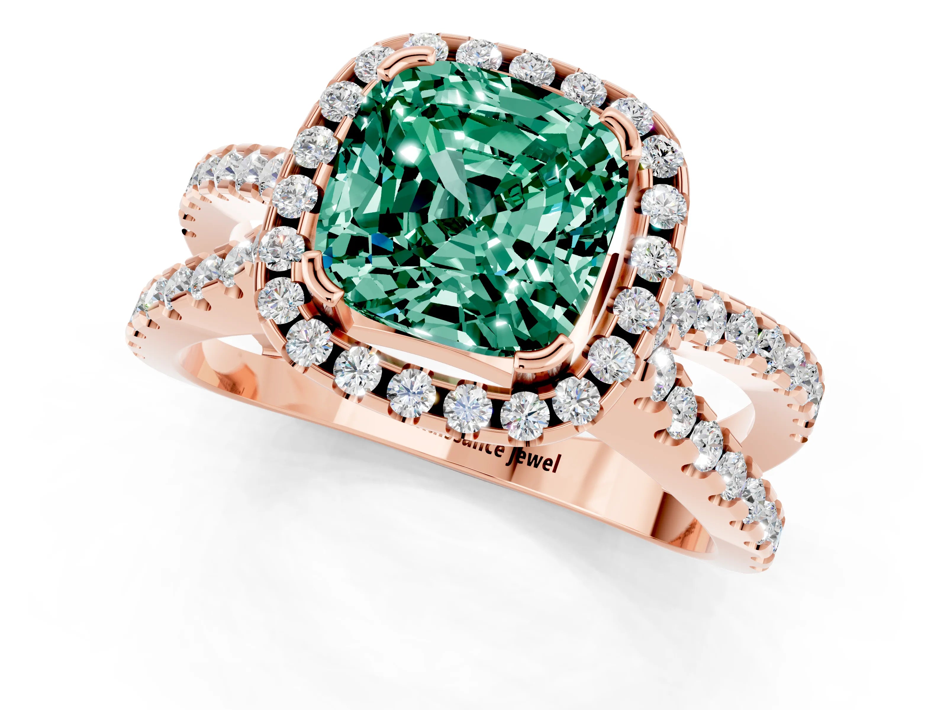 Rose gold Cushion Cut Green Sapphire Halo Ring with Split Shank Pavé Band and Prong Setting_1