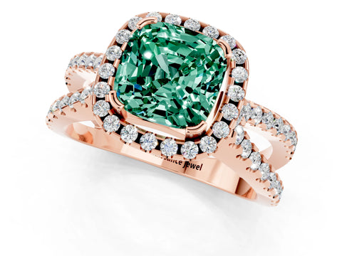 Rose gold Cushion Cut Green Sapphire Halo Ring with Split Shank Pavé Band and Prong Setting_1