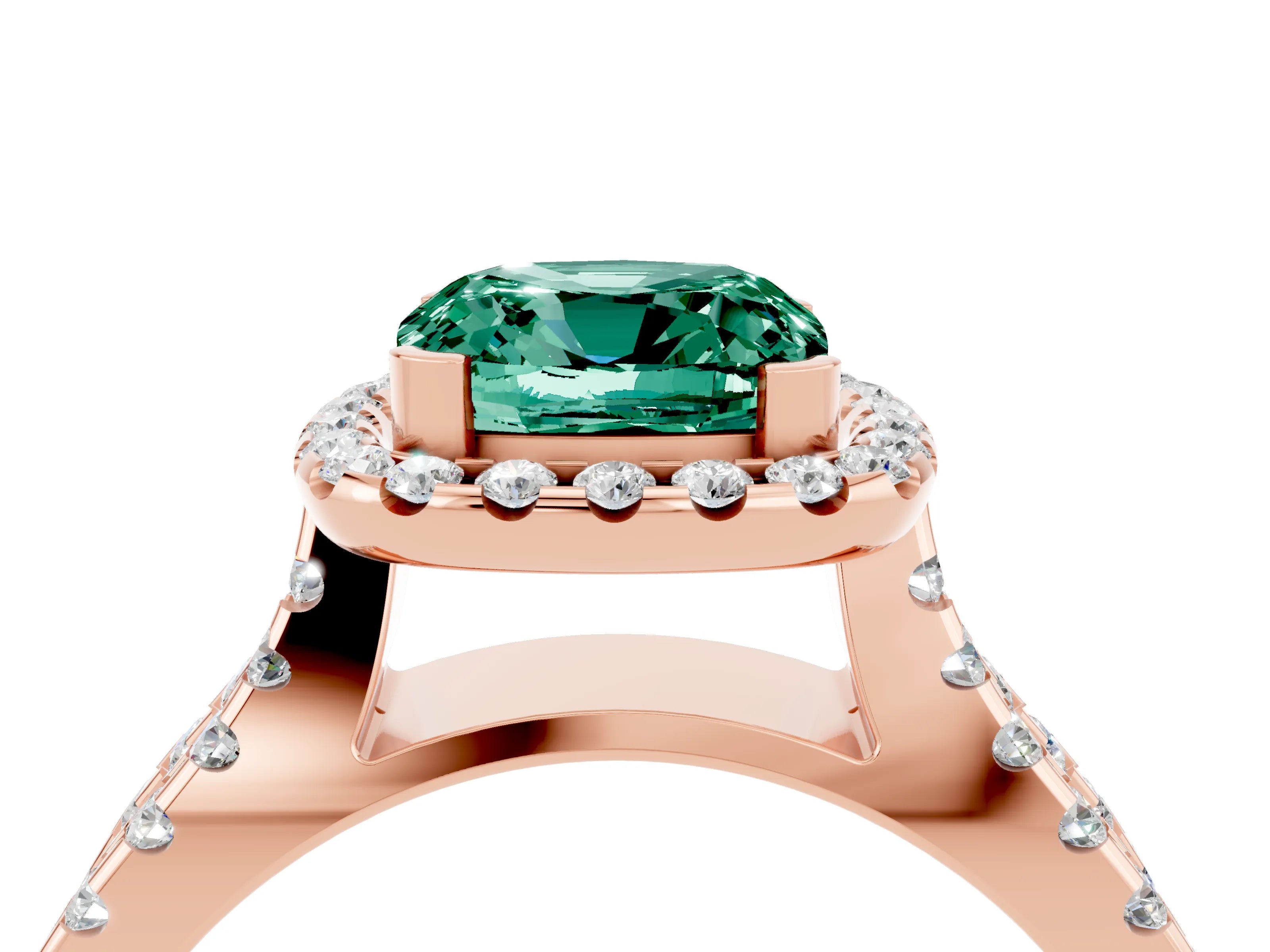Rose gold Cushion Cut Green Sapphire Halo Ring with Split Shank Pavé Band and Prong Setting_4