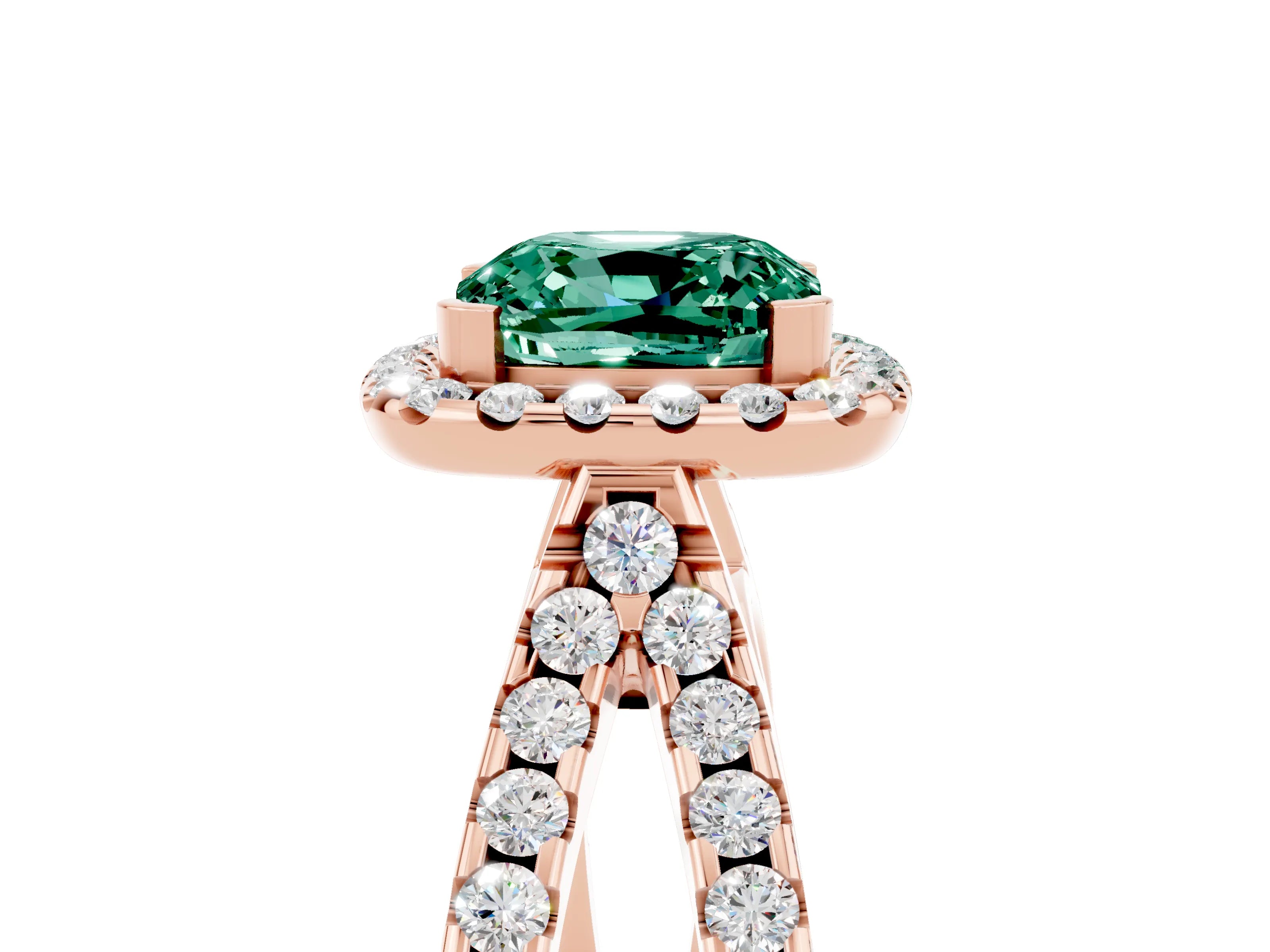 Rose gold Cushion Cut Green Sapphire Halo Ring with Split Shank Pavé Band and Prong Setting_5