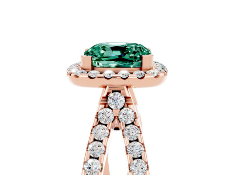 Rose gold Cushion Cut Green Sapphire Halo Ring with Split Shank Pavé Band and Prong Setting_5