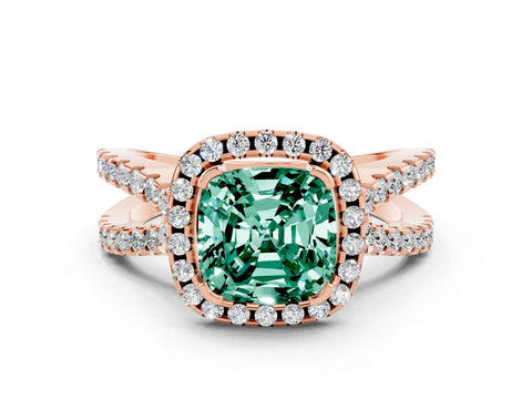 Rose gold Cushion Cut Green Sapphire Halo Ring with Split Shank Pavé Band and Prong Setting