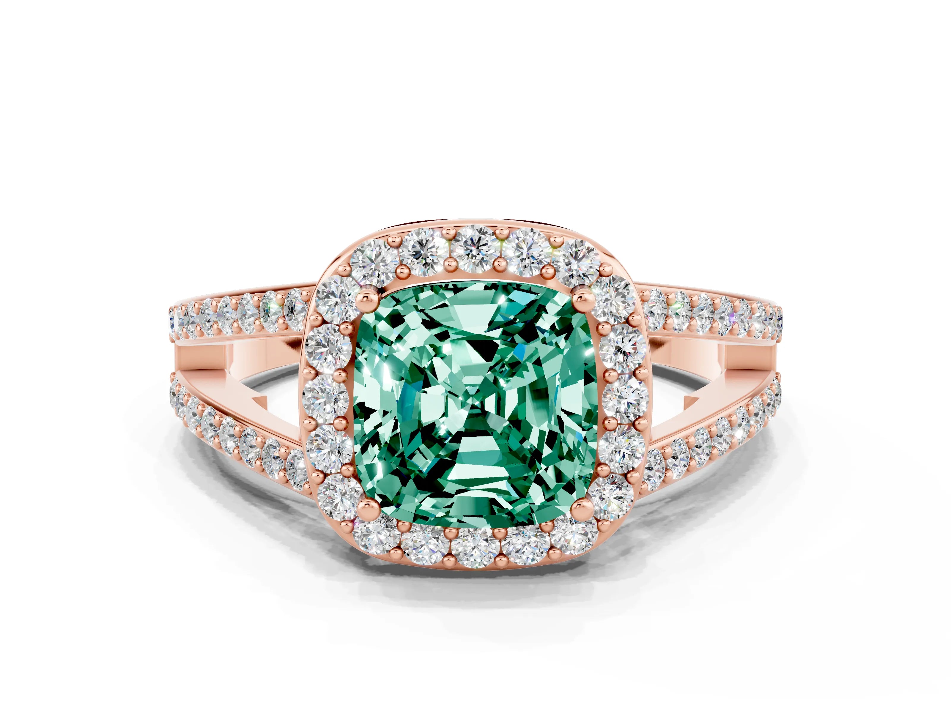 Rose gold Cushion Cut Green Sapphire Halo Ring with Split Shank U-Prong Band and Four-Prong Setting