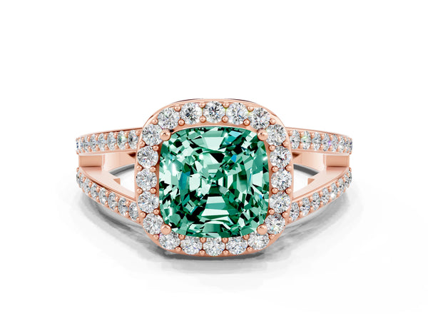 Rose gold Cushion Cut Green Sapphire Halo Ring with Split Shank U-Prong Band and Four-Prong Setting