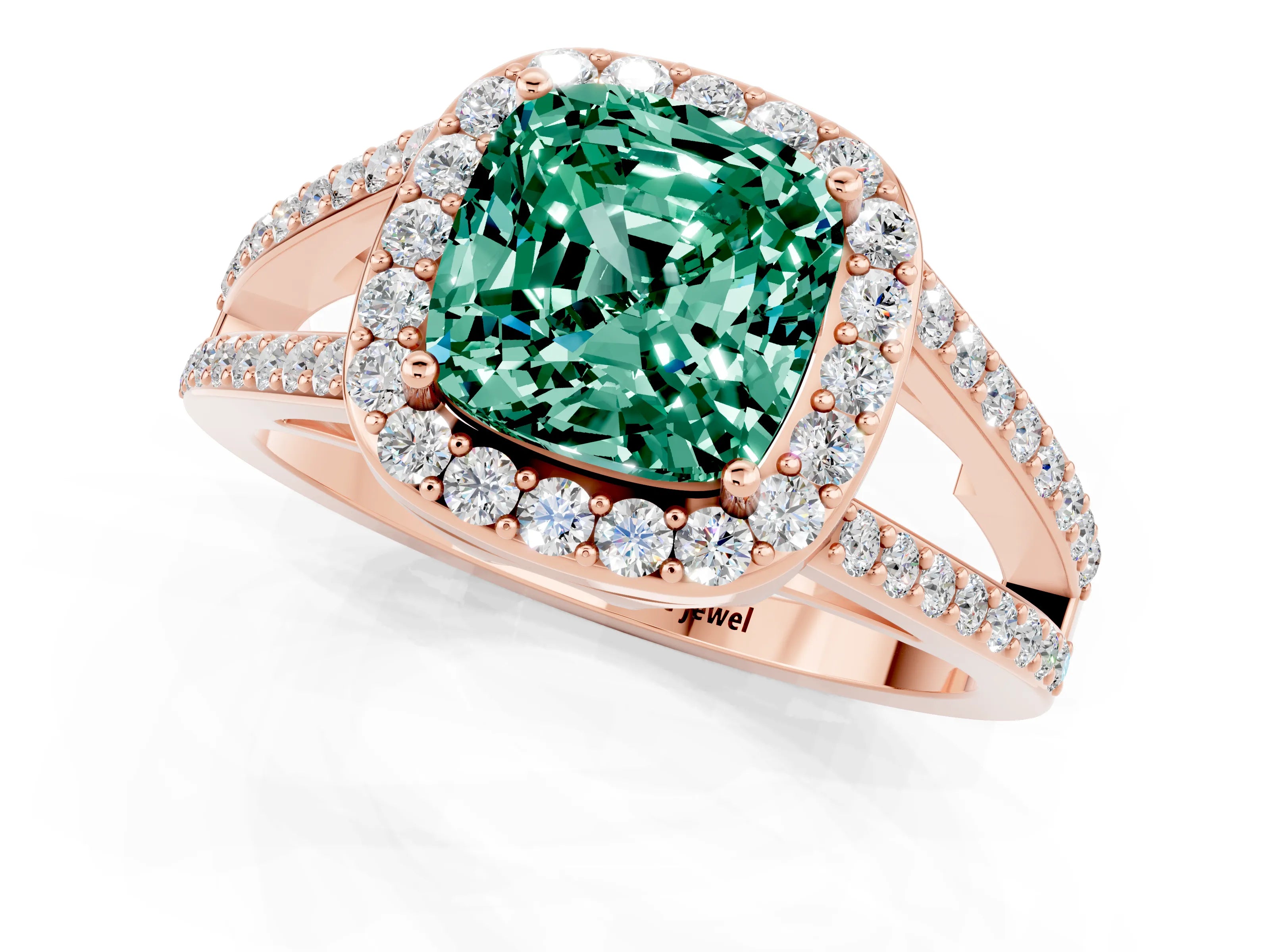 Rose gold Cushion Cut Green Sapphire Halo Ring with Split Shank U-Prong Band and Four-Prong Setting_1