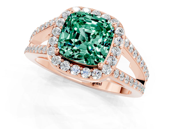 Rose gold Cushion Cut Green Sapphire Halo Ring with Split Shank U-Prong Band and Four-Prong Setting