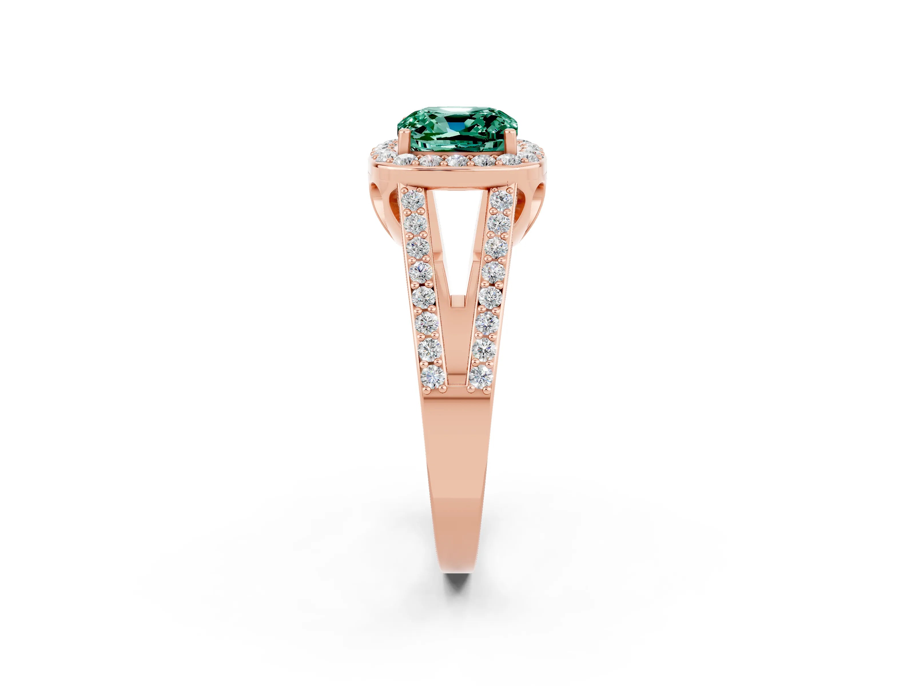 Rose gold Cushion Cut Green Sapphire Halo Ring with Split Shank U-Prong Band and Four-Prong Setting_2