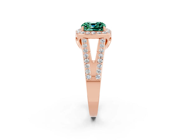 Rose gold Cushion Cut Green Sapphire Halo Ring with Split Shank U-Prong Band and Four-Prong Setting