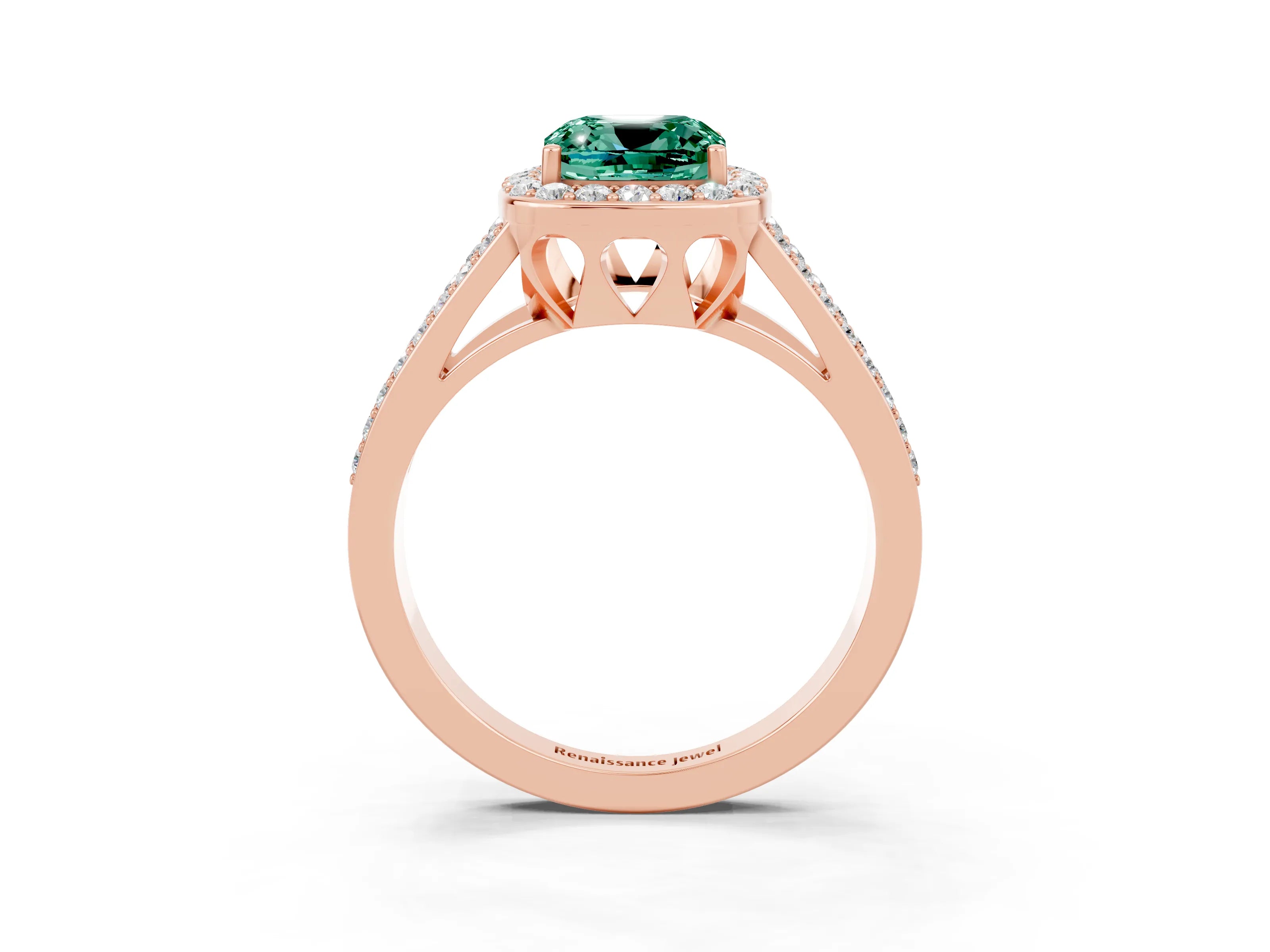 Rose gold Cushion Cut Green Sapphire Halo Ring with Split Shank U-Prong Band and Four-Prong Setting_3