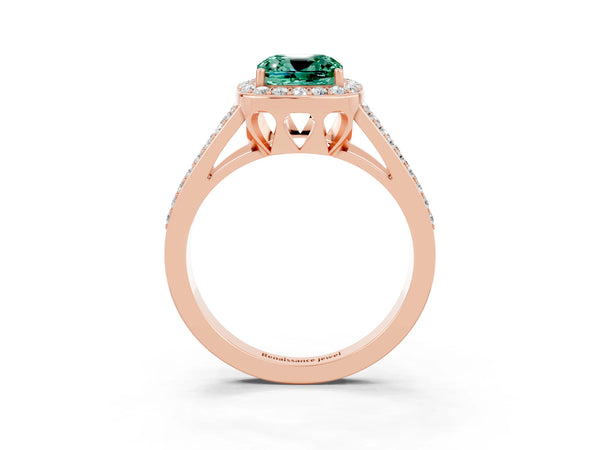 Rose gold Cushion Cut Green Sapphire Halo Ring with Split Shank U-Prong Band and Four-Prong Setting