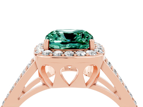 Rose gold Cushion Cut Green Sapphire Halo Ring with Split Shank U-Prong Band and Four-Prong Setting_4