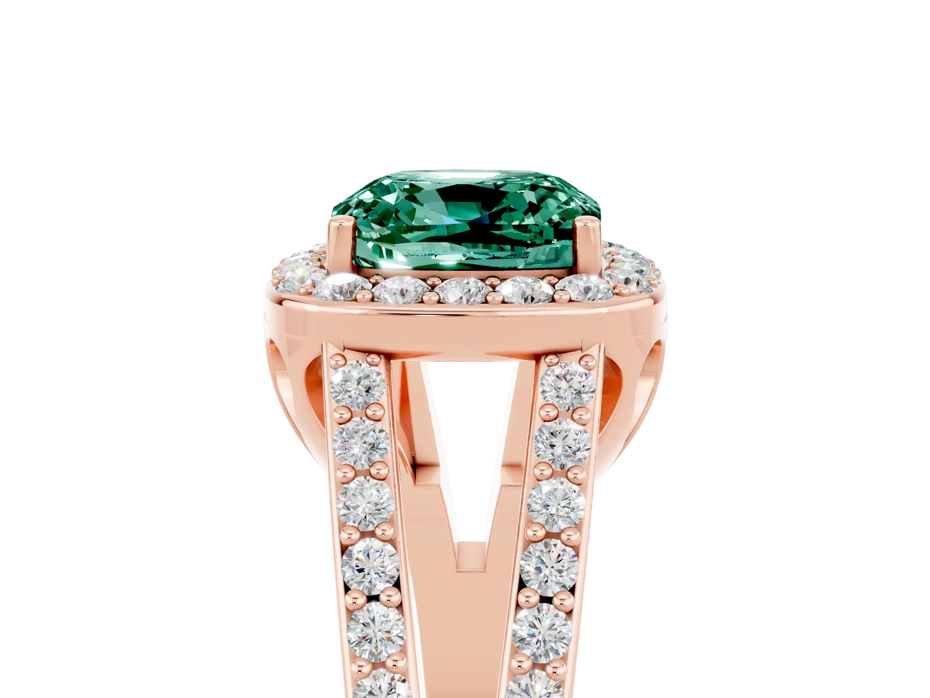 Rose gold Cushion Cut Green Sapphire Halo Ring with Split Shank U-Prong Band and Four-Prong Setting_5
