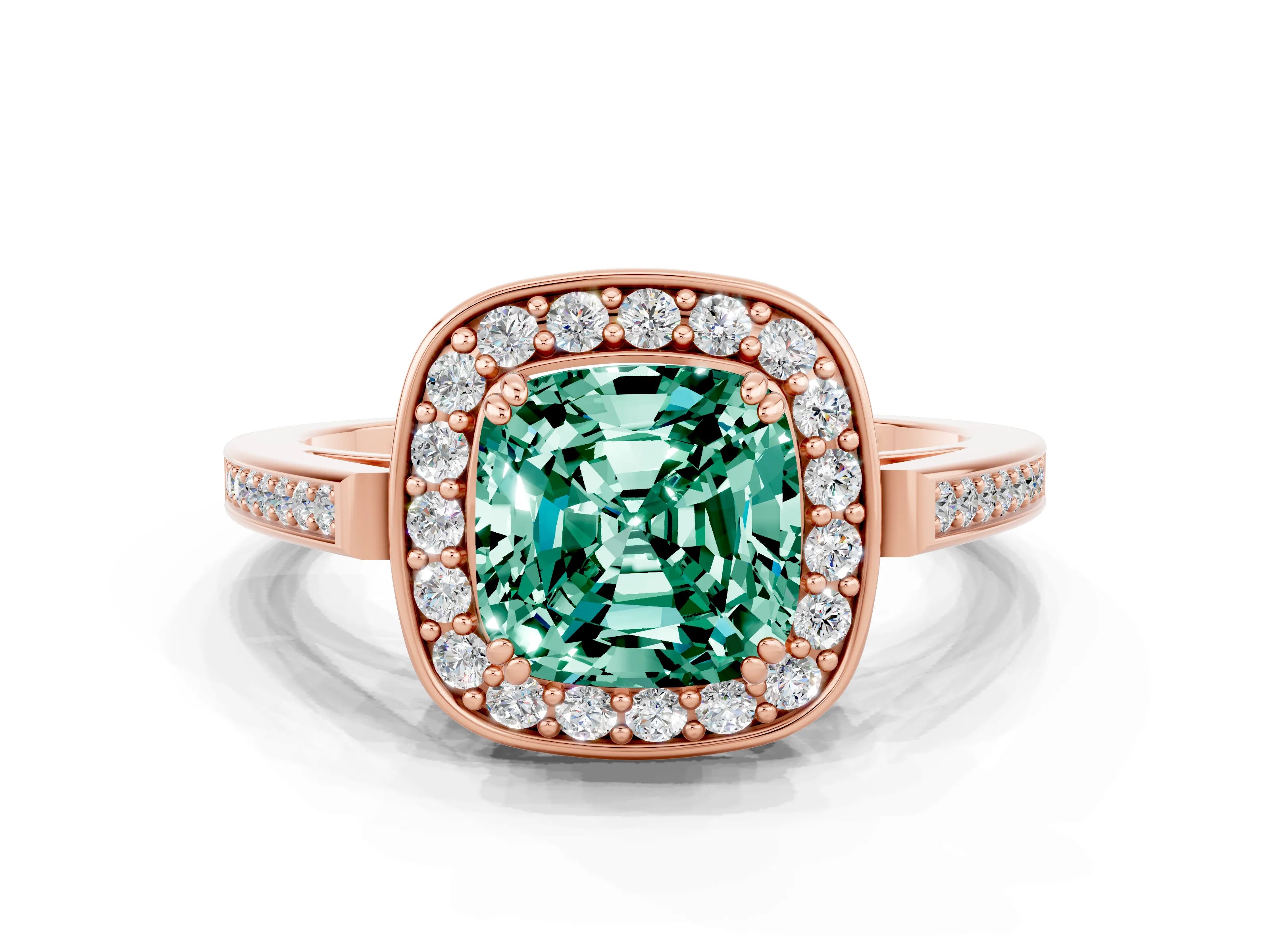 Rose gold Cushion Cut Green Sapphire Halo Ring with Split Shank and Four-Prong Setting