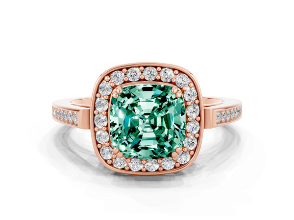 Rose gold Cushion Cut Green Sapphire Halo Ring with Split Shank and Four-Prong Setting