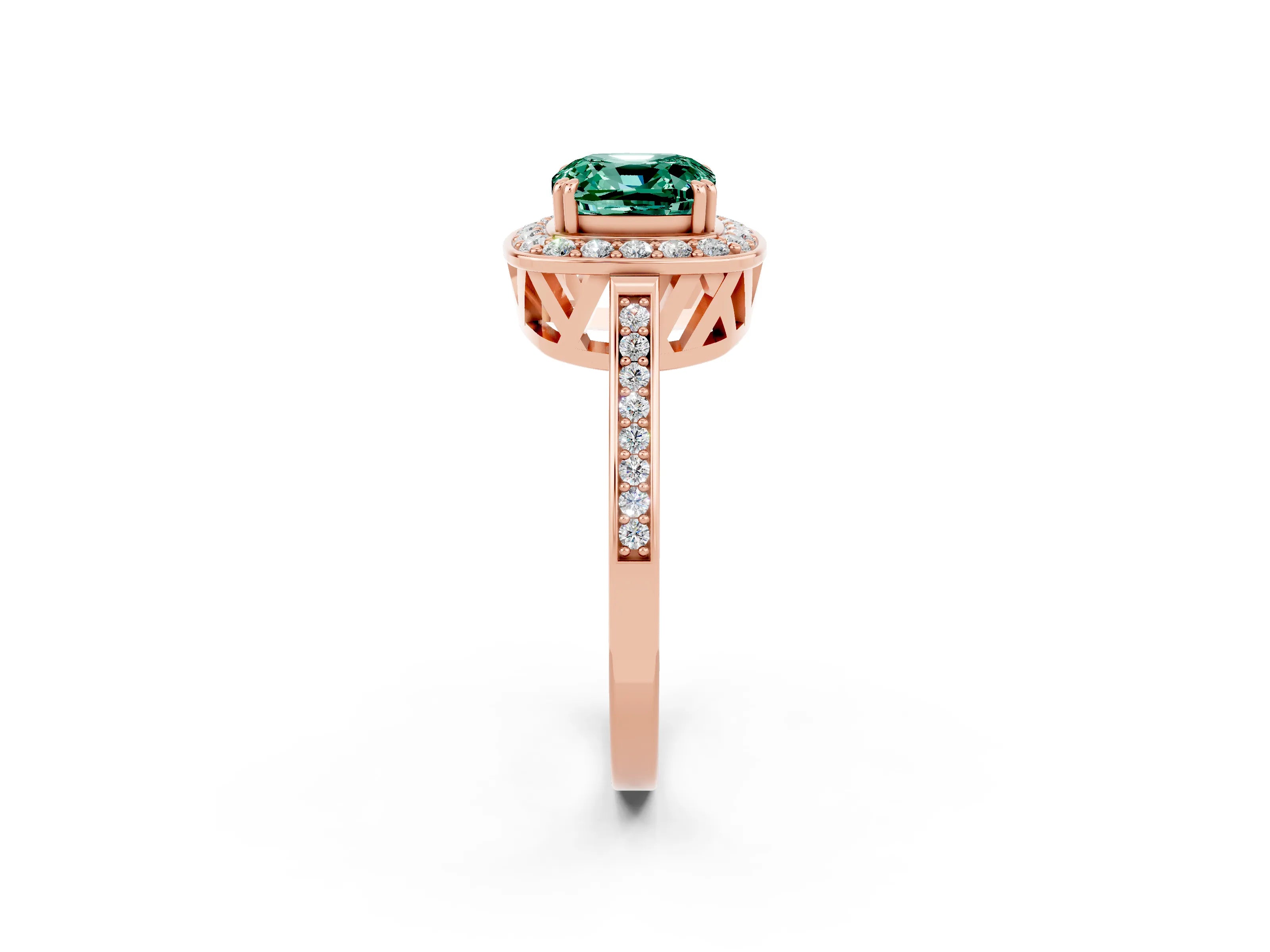 Rose gold Cushion Cut Green Sapphire Halo Ring with Split Shank and Four-Prong Setting_2