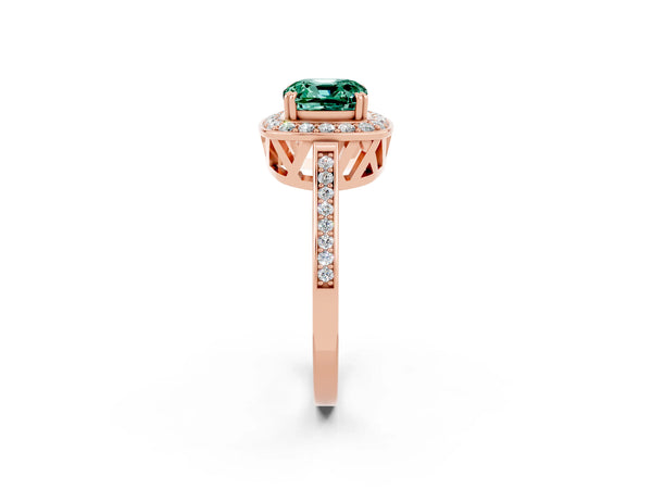 Rose gold Cushion Cut Green Sapphire Halo Ring with Split Shank and Four-Prong Setting